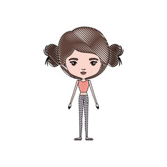 color crayon silhouette caricature skinny woman in clothes with double bun hairstyle