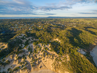 Aerial view of Rye ocean beach coastline with houses scattered in lush vegetation at sunset. Melbourne, Australia