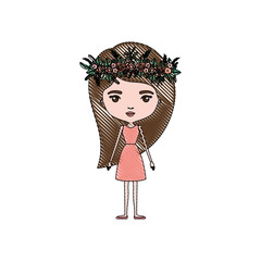 color crayon silhouette caricature skinny woman in dress with long hairstyle and flower crown accesory