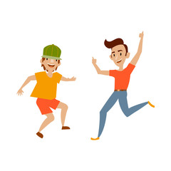 Fototapeta na wymiar Vector two teenagers in casual clothing funny dances. Flat cartoon illustration isolated on a white background. Young men have fun dancing and smiling cheerfully.