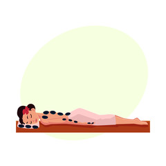 Young woman getting hot stone massage in spa salon, side view cartoon vector illustration with space for text. Woman getting hot stone therapy in spa salon, lying on massage table