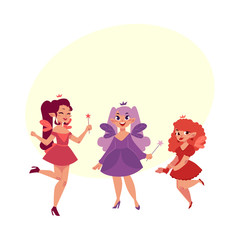 Set of fairy girls in colorful dresses with wings and wands, cartoon vector illustration with bubble speech. Happy, smiling fairy girls flying and standing in colorful dresses, holding wands