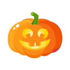 Laughing, happy pumpkin jack-o-lantern with funny teeth, Halloween symbol, cartoon vector illustration isolated on white background. Pumpkin lantern with smiling, laughing face, Halloween decoration