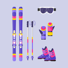 Pairs of skis, poles, boots, gloves and mask, winter sport elements, flat style vector illustration isolated on background. Flat vector ski, ski poles, boots, gloves, protective eyewear