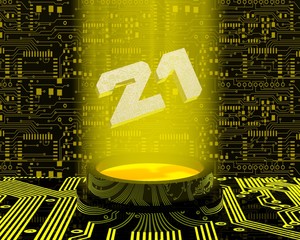 futuristic 3d number 21 in yellow gold hologram light beam