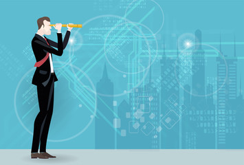 Businessman in the City looking through the telescope. Business concept collection. 
