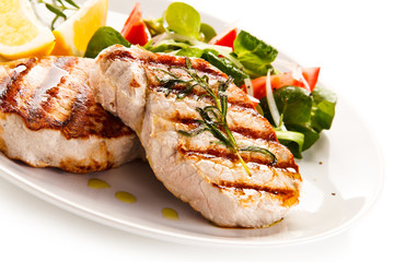 Grilled steaks and vegetables