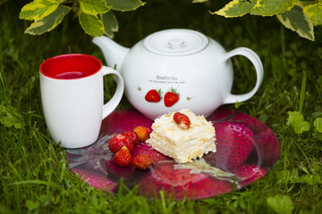 Чайник с нарисованными на нем ягодами клубники, белая с красным чашка, поднос с рисунком в виде клубники и рассыпанные по нему настоящие ягоды клубники и кусок торта на зеленой траве