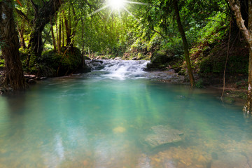 Waterfall landscape at sunrise..Travel destination at Salika waterfall,Nakornnayok,Thailand.