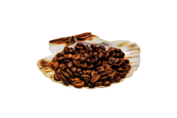 Seashell and coffee on white