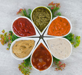 Top view on a set of sauces of close up.