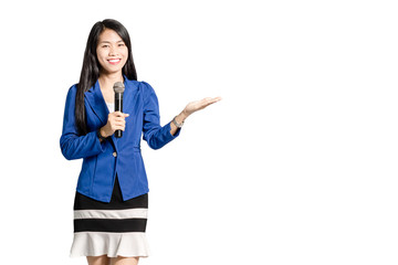 Portrait of a young business woman smiling with microphone. Isolated on white background with copy space and clipping path