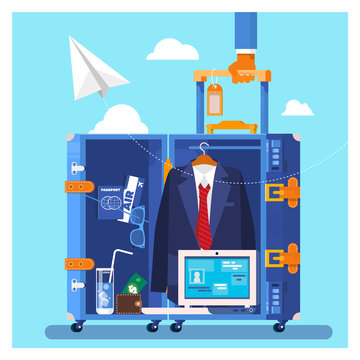 Travel, business trip concept. Businessman holding travel suitcase Vector illustration in flat style