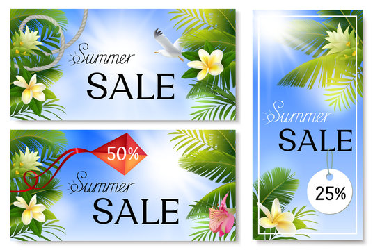 Summer sale banners with palm leaves and tropical flowers