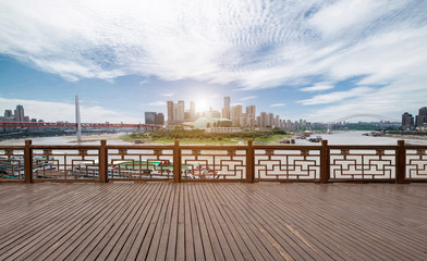 andscape of downtown near water of chongqing in blue sky