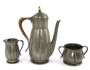 Old Fashioned Pewter Coffee Service on White Background