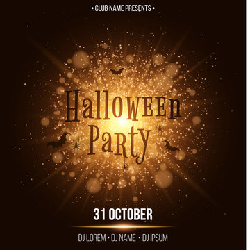 Halloween party. Text in the style of Horor. Abstract bright flash of light with golden lights. Black spiders and bats. Names of the club and DJ. Luxurious invitation card for the holiday