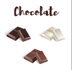 Chocolate Set. White chocolate, milk chocolate and bitter chocolate. Vector illustration of a chocolate collection