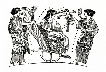 Triptolemus siting in chariot drawn by dragons between Demeter (with ears) and Persephone (with a torch) 
