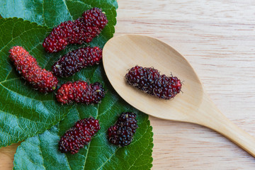 Mulberry in spoon on a wood plant, mulberry have Red and black color and  berry fruit good health