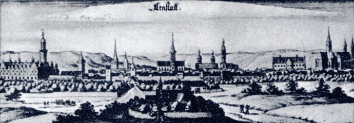 Arnstadt in Thuringia, Germany, ca. 1650 (copper engraving from Matthäus Merian, Topographia Superioris Saxoniae)   