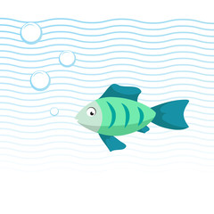 Trendy cartoon green fish swimming underwater. Blue waves and bubbles. Colorful vector flat style illustration.