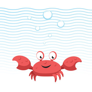Trendy cartoon style red crab character. Simple gradient flat design for kid education. Waves and bubbles. Underwater life.