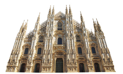 front side of Gothic cathedral in Piazza Duomo of Famous Milan Dome in Italy isolated on white background and copy space. Fashion capital Milano, popular landmark and city icon. - obrazy, fototapety, plakaty