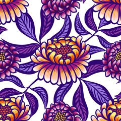 Floral hand drawn vintage seamless pattern with flowers and leaves. Fabulous orange-purple flowers and lilac leaves on a white background. Tropical seamless pattern with exotic vivid leaves. Exotic