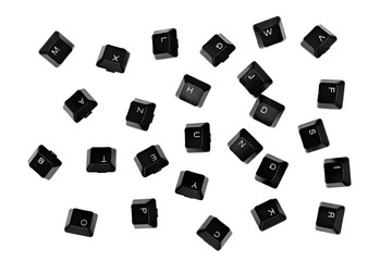 scattered falling black keyboard keys on white background