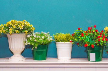 colorful of flowers in pot or vase decoration with green background in the room.