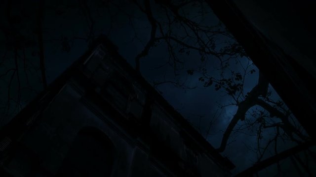 Zombie hand rising out from old grunge castle over dead tree, moon and cloudy sky, Spooky background, Halloween concept