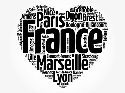 List of cities and towns in France composed in love sign heart shape, word cloud collage, business and travel concept background