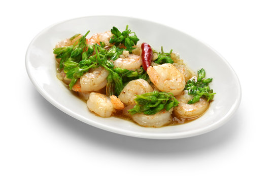 stir-fried Tonkin jasmin flowers and shrimp, vietnamese cuisine isolated on white background

