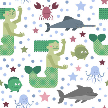 Seamless pattern with mermaid and sea life