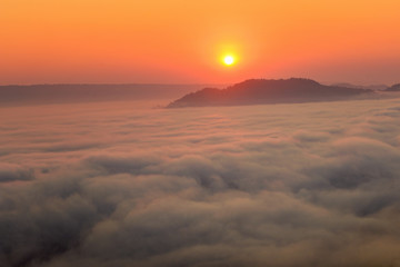 Big sun and Mist in sunrise,Sun on Sunrise,sun and mist on mountian,Morning,Sun on during sunrise,White balace orange on sunrise