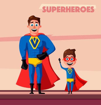 Superhero with son. Cartoon vector illustration