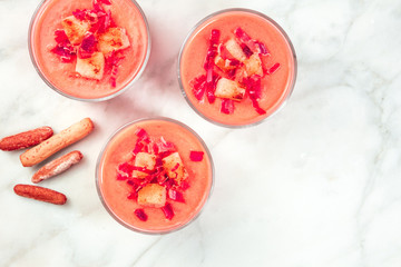Salmorejo in glasses with breadsticks, and copy space