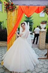 Fototapeta premium Flawless young bride in gorgeous white wedding gown posing next to the decorated arch.
