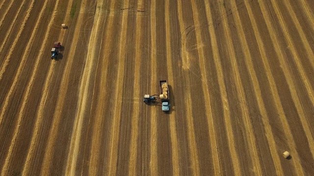Aerial shot: Flying above field, Tractor loading hay bales on the trailer