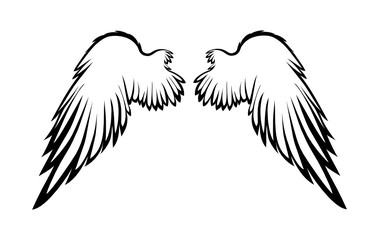 Wings. Vector illustration on white background. Black and white style. Linocut.