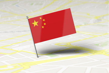 China national flag location pin stuck into a city road map. 3D Rendering