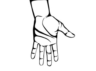 Gesture open palm. Hand gives or receives. Contour graphic style. Black and white. Vector illustration on white background. Empty space for advertising