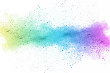 Abstract art powder paint on white background. Movement abstract frozen dust explosion multicolored on white background. Stop the movement of colored powder on white background. - 165842244