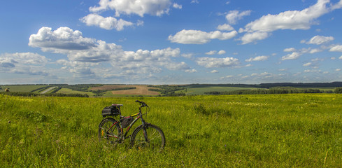 Fototapeta na wymiar The bike is in the tall grass in field in summer