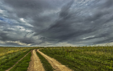 Fototapeta na wymiar Field road disappearing into the cloudy sky