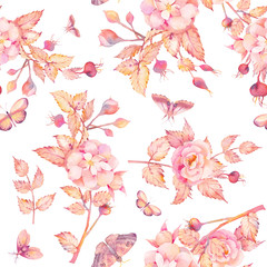 Watercolor seamless pattern with wild rose flowers, berries and butterfly. Hand painted repeating background with floral elements, branches and leaves. Garden style texture