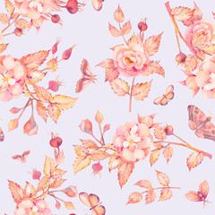 Watercolor seamless pattern with wild rose flowers, berries and butterfly. Hand painted repeating wallpaper with floral elements, branches and leaves. Garden style texture
