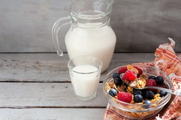 Healthy breakfast, muesli, juices and scrambled eggs