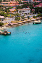 Fototapeta na wymiar Arriving at Bonaire, capture from Ship at the Capital of Bonaire, Kralendijk in this beautiful island of the Ccaribbean Netherlands, with its paradisiac beaches and water.